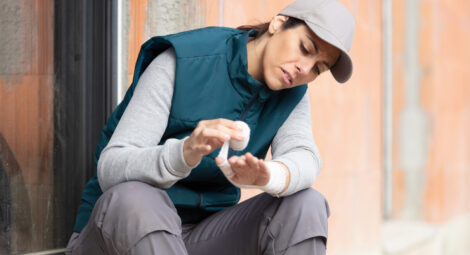 female worker bandaging her hand after incident