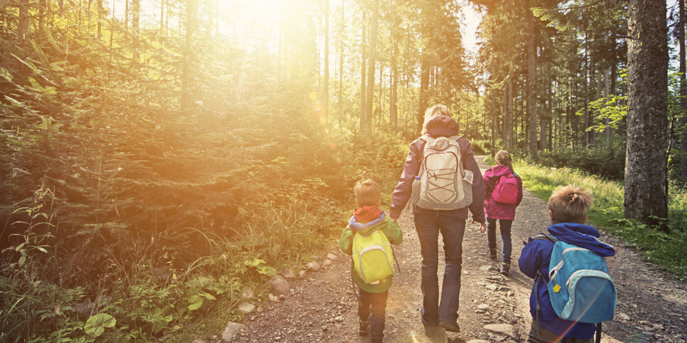 Mother and kids hiking through woods