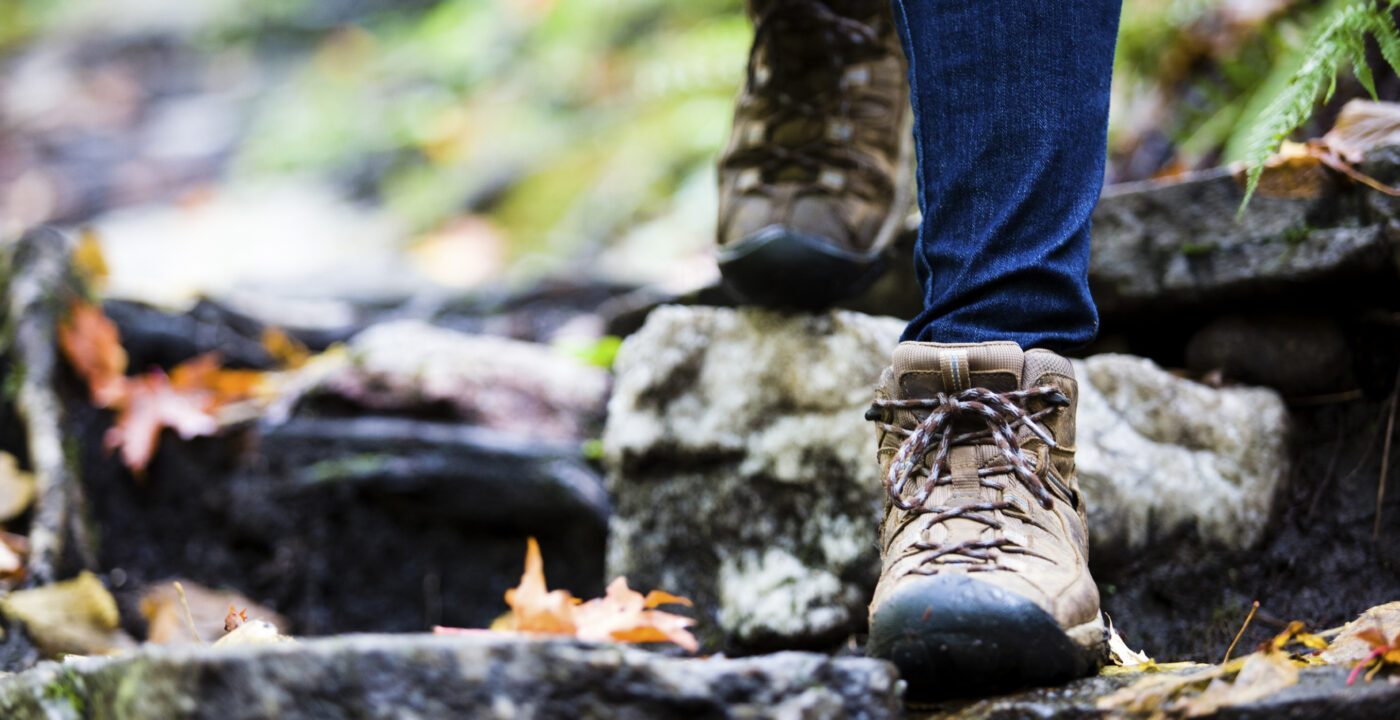 Zoom in on hikers boots walking