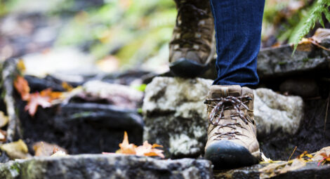 Zoom in on hikers boots walking