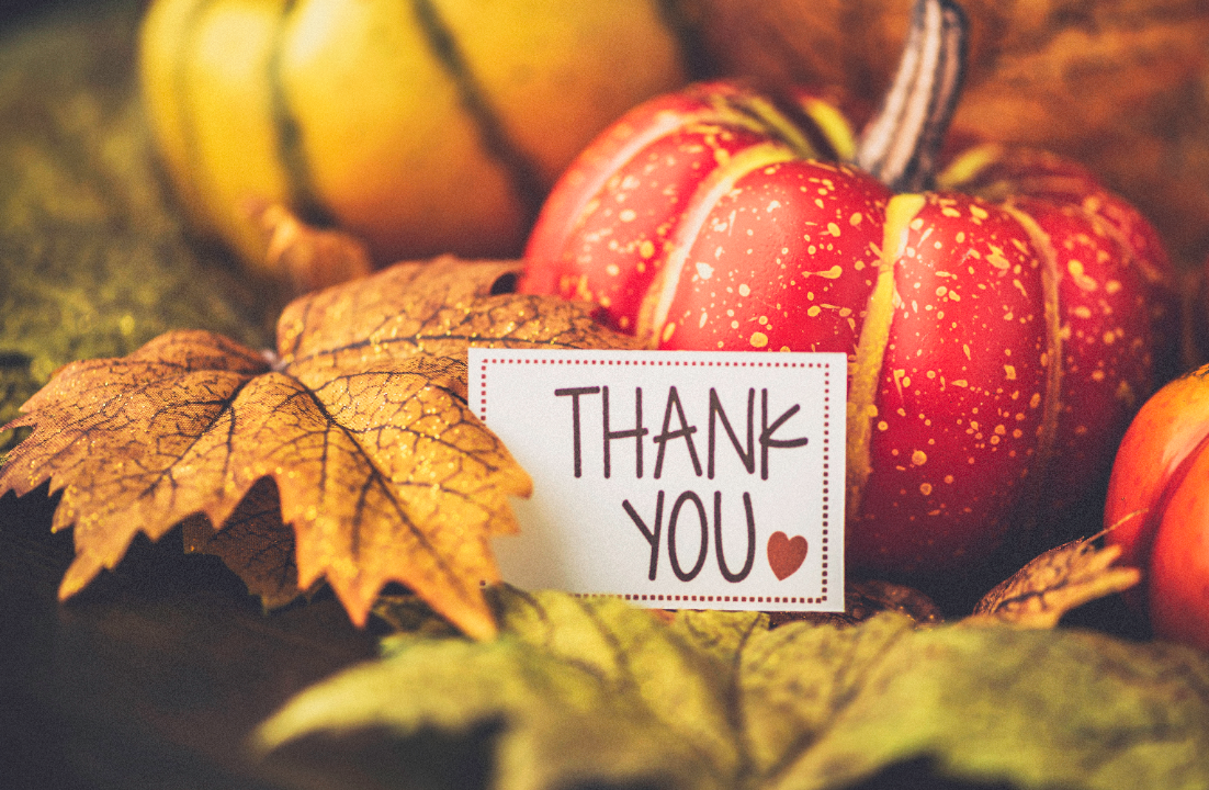 Thank you sign by a pumpkin