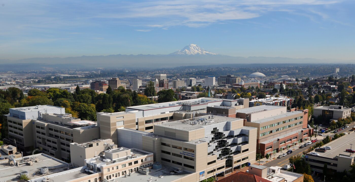 Ariel view of Mt. Rainer and a hospital