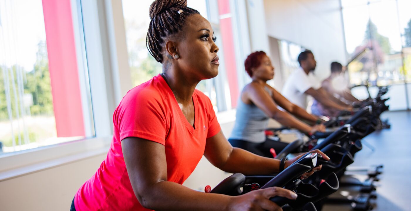Woman on exercise equipment