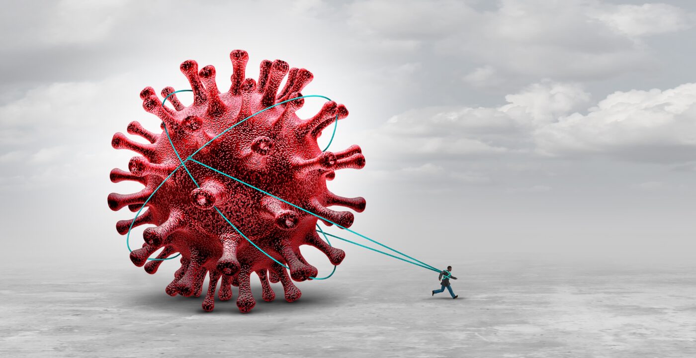 Graphic of a man tied to a COVID germ
