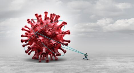 Graphic of a man tied to a COVID germ