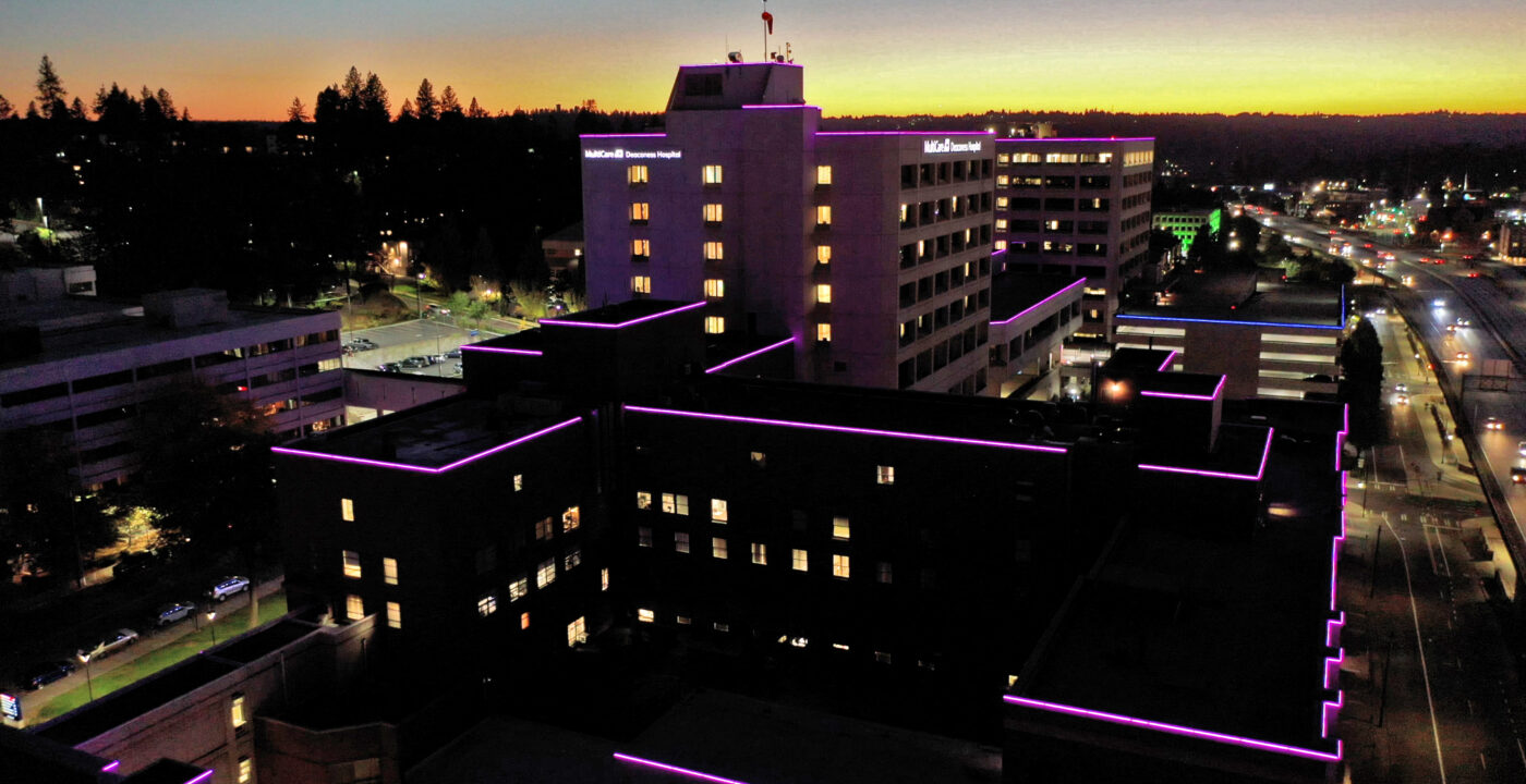 Hospital light up in purple lights to celebrate Domestic Violence month.