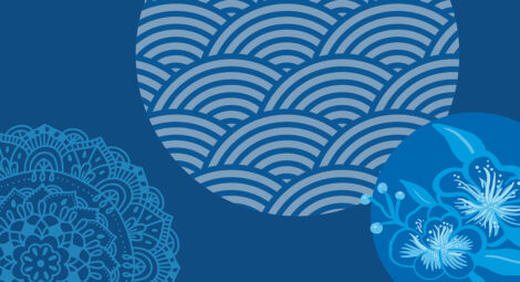 Abstract illustration featuring three blue circles with Asian and Pacific Islands-inspired patterns on a blue background