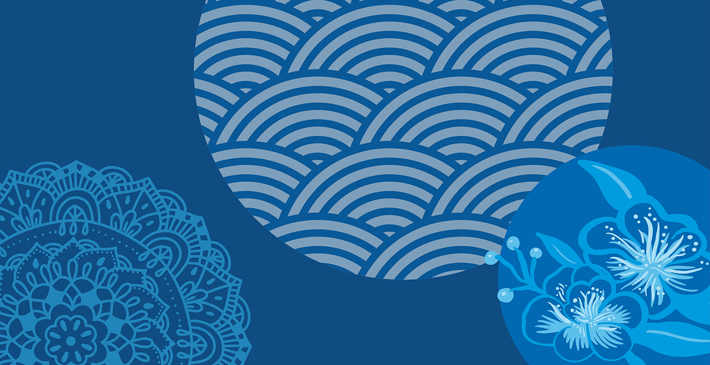 Abstract illustration featuring three blue circles with Asian and Pacific Islands-inspired patterns on a blue background