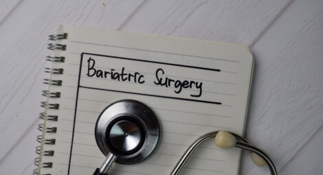 Stethoscope on top of notebook that says bariatric surgery