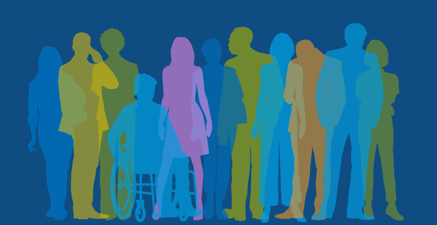 A graphic of drawn people of different sizes, shapes and colors.