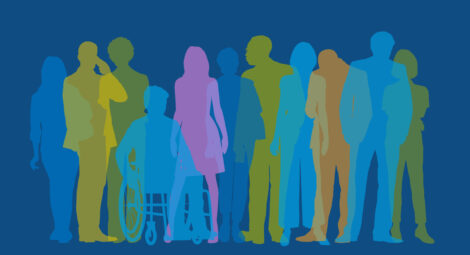 A graphic of drawn people of different sizes, shapes and colors.