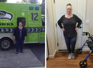 Side-by-side pictures of woman before and after gastric bypass surgery