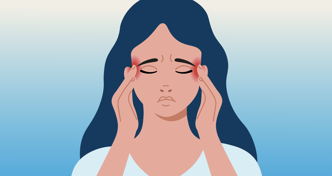 Illustration of a woman pressing fingers to her temples with eyes closed, as if in pain