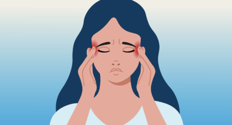 Illustration of a woman pressing fingers to her temples with eyes closed, as if in pain