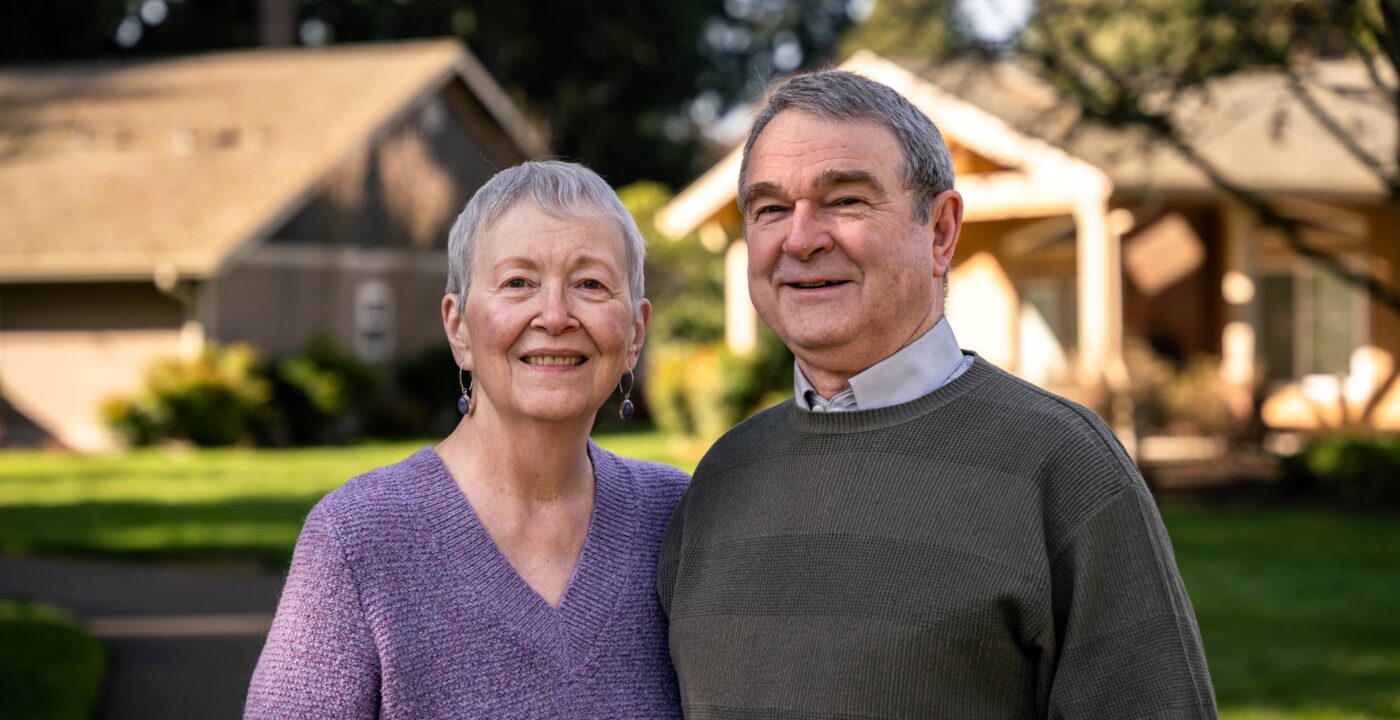 Woman and man pose for a portrait in a sunny backyard