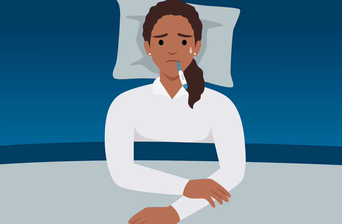 Illustration of woman lying in bed with thermometer in mouth