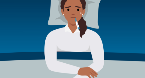 Illustration of woman lying in bed with thermometer in mouth