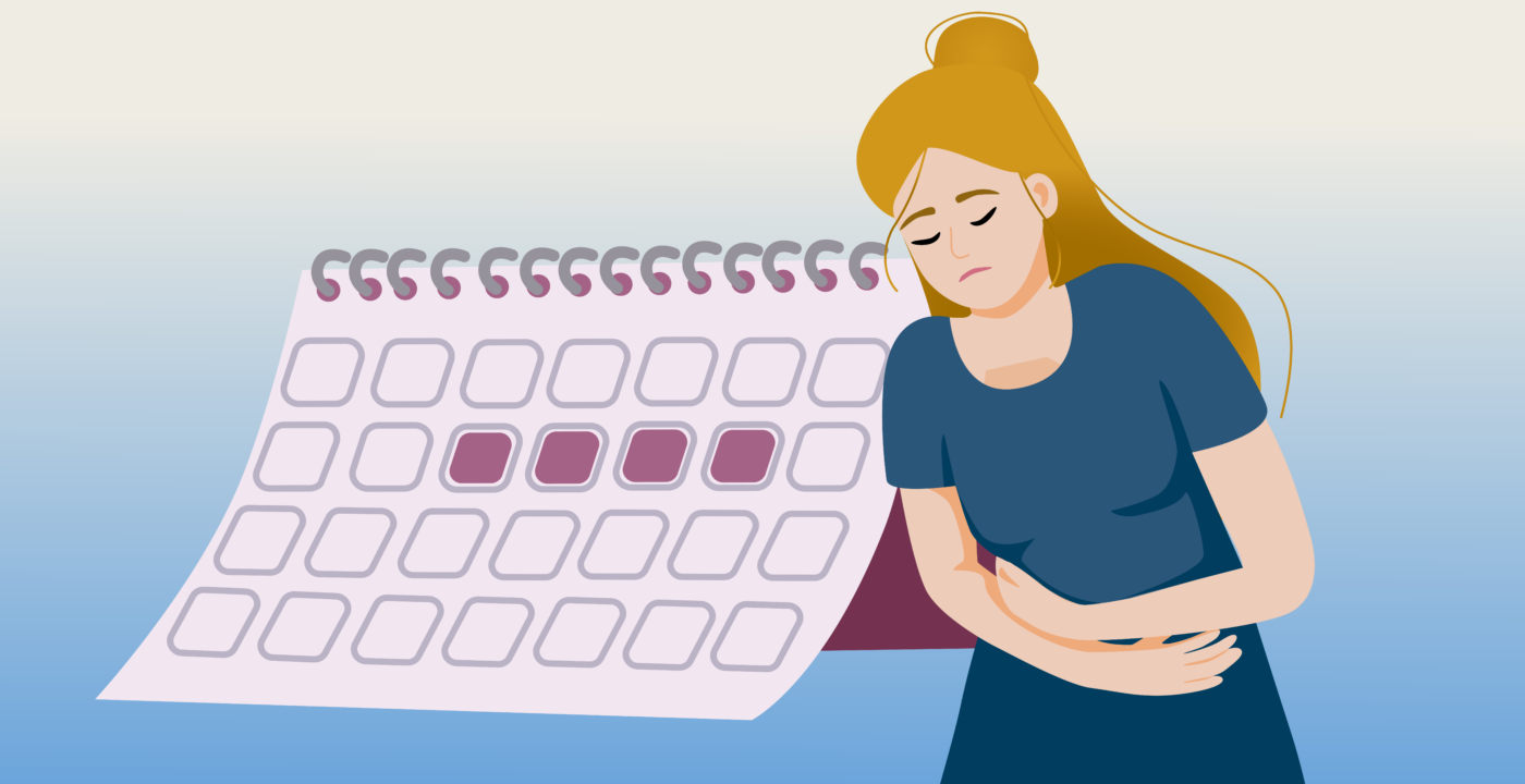 Illustration of woman holding her abdomen in pain next to a calendar