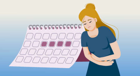 Illustration of woman holding her abdomen in pain next to a calendar