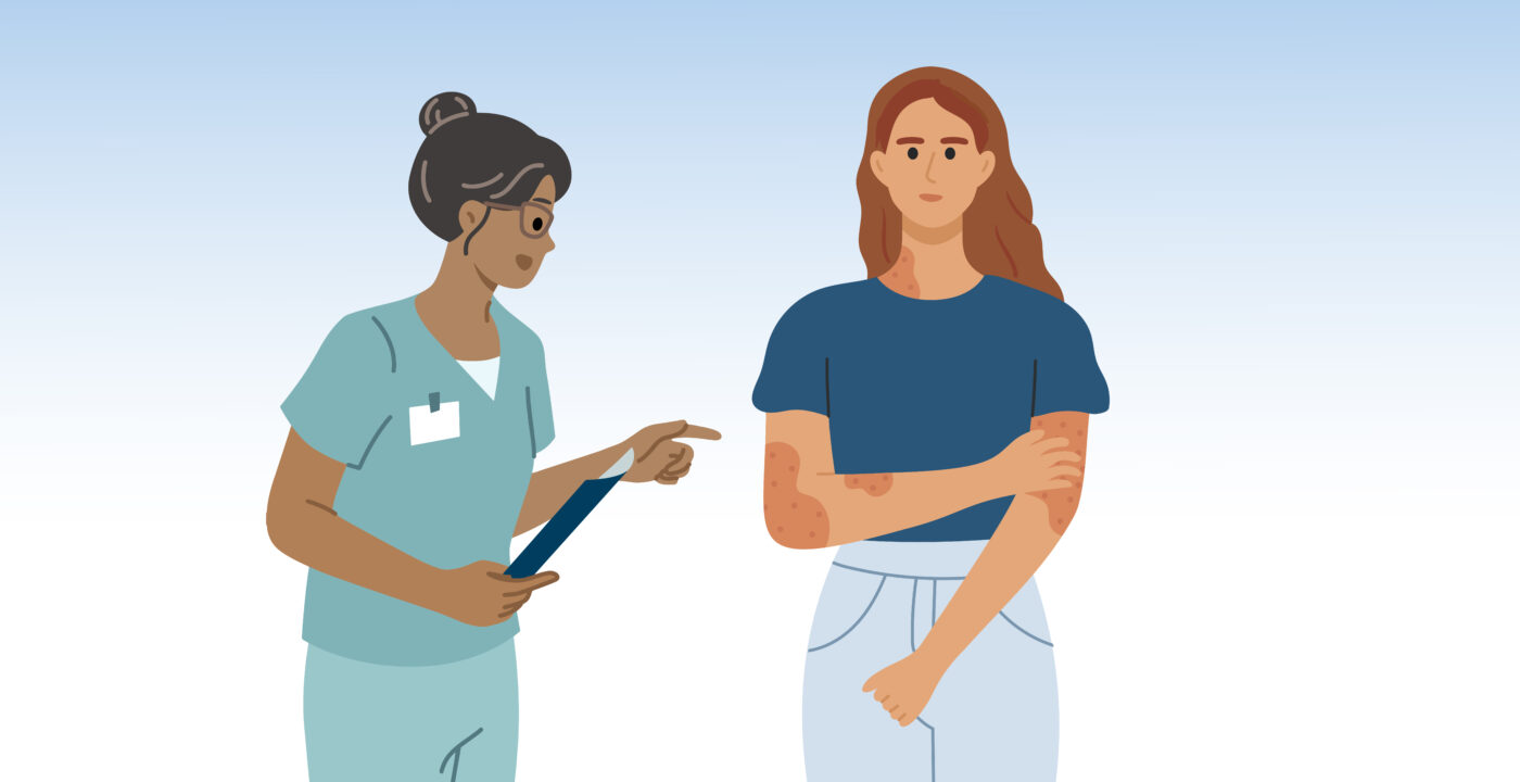 Cartoon of a doctor seeing someone with an itchy arm.