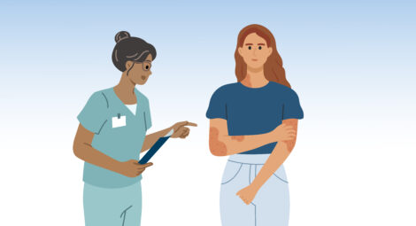 Cartoon of a doctor seeing someone with an itchy arm.