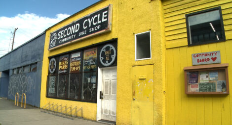 Outside of a bike shop.