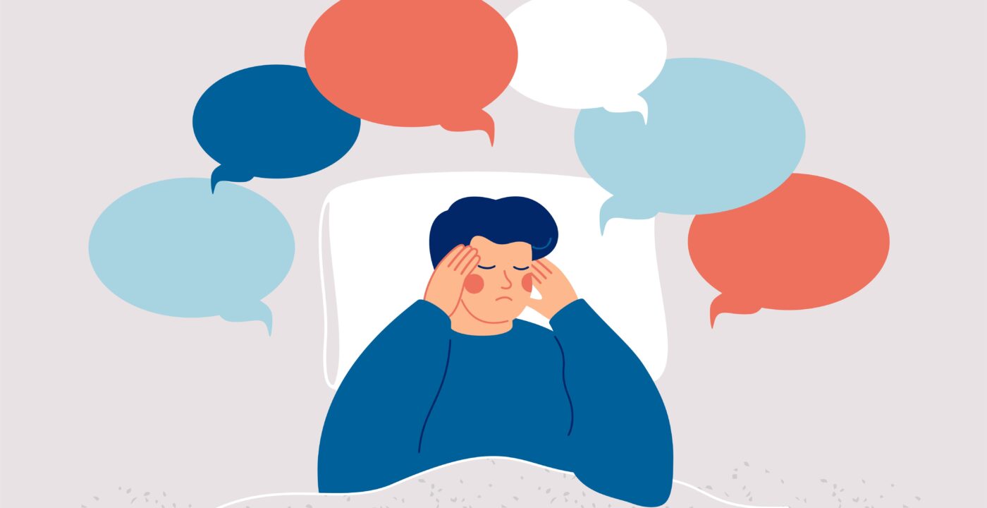 Illustration of a person in bed surrounded by thought bubbles