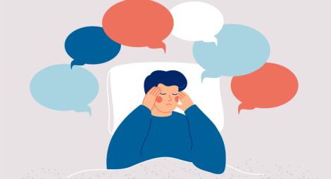 Illustration of a person in bed surrounded by thought bubbles