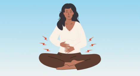 Illustration of woman holding abdomen in pain