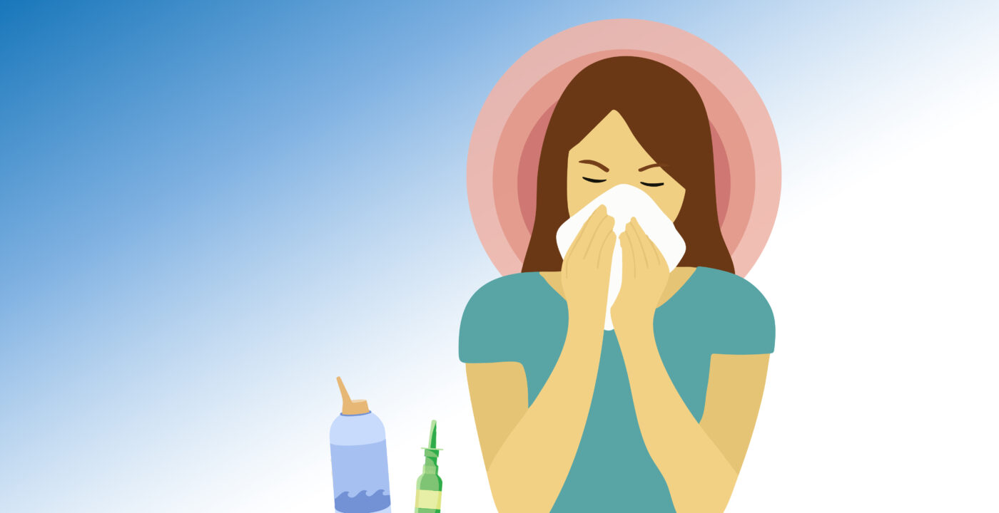 Illustration of a woman blowing her nose.