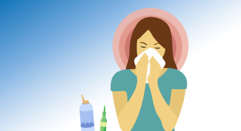 Illustration of a woman blowing her nose.