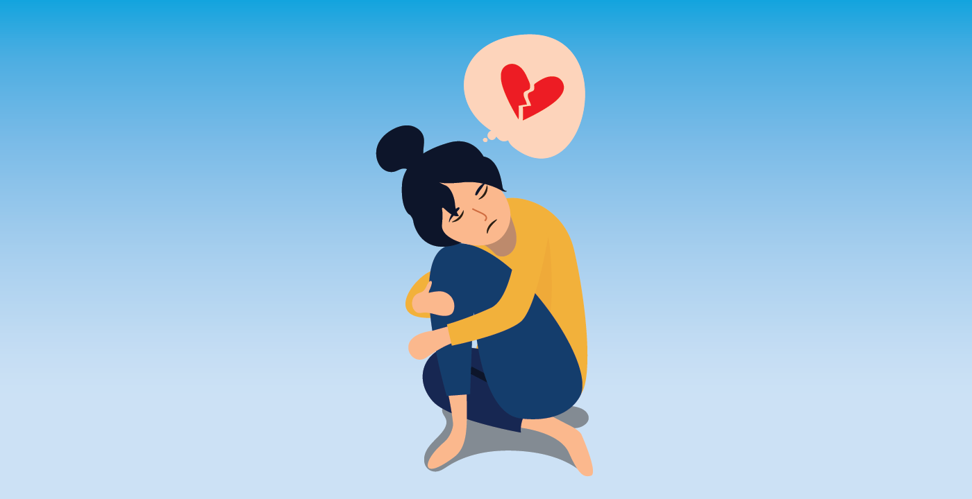illustration of woman hugging legs to chest with broken heart above her