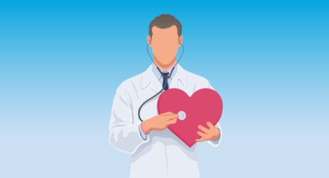 Illustration of a doctor placing stethoscope on giant heart