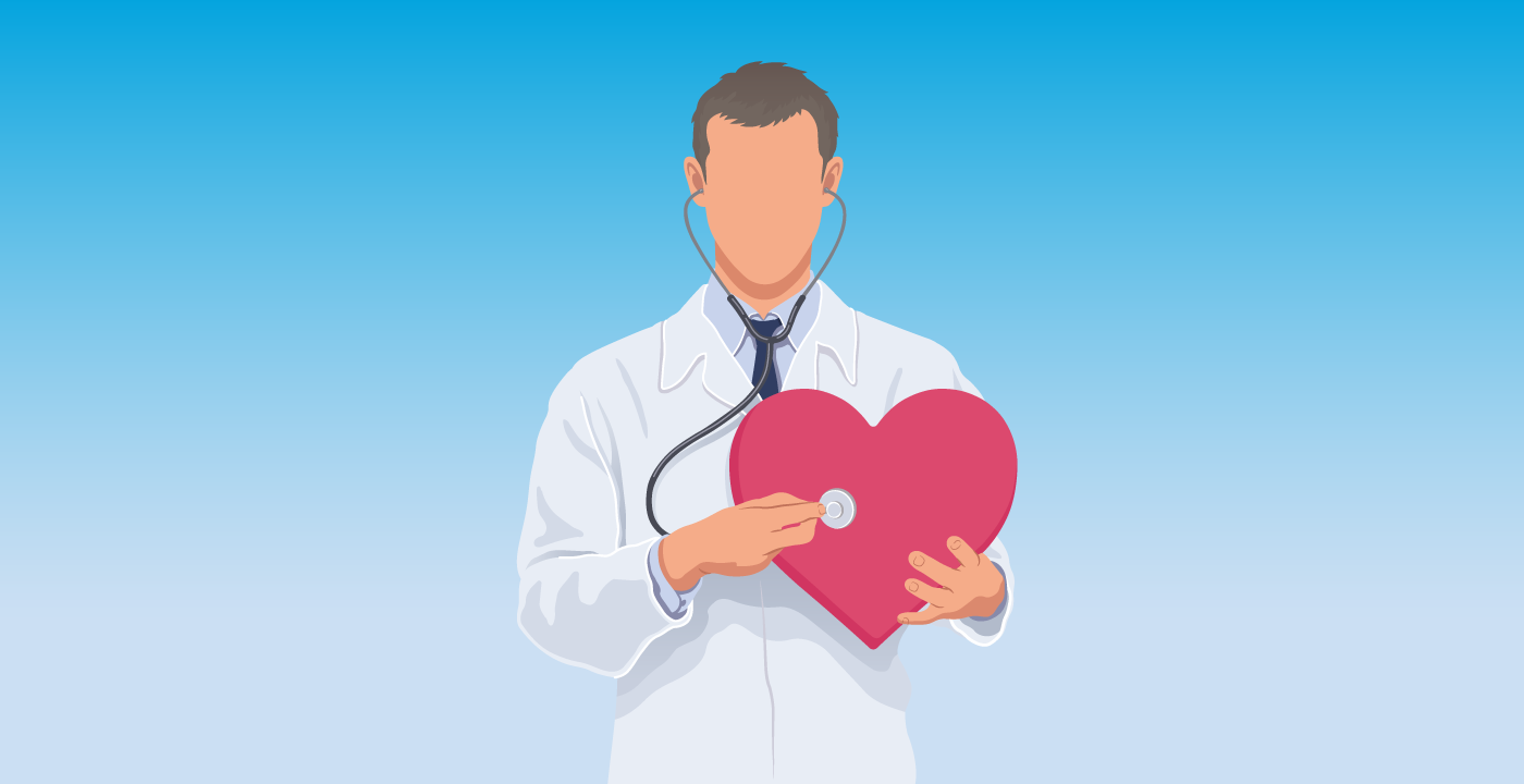 Illustration of a doctor placing stethoscope on giant heart