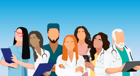 Illustration of a variety of hospital workers standing together