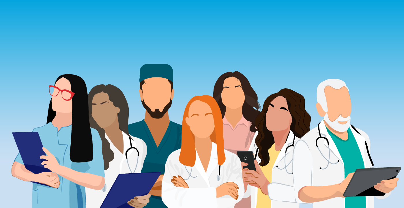 Illustration of a variety of hospital workers standing together