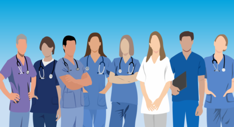 Illustration of 8 nurses standing together with solid blue background