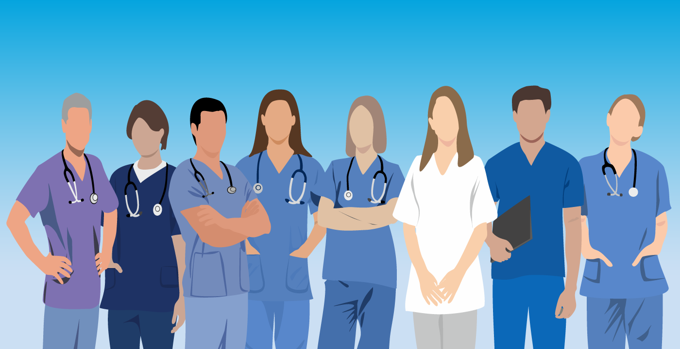 Illustration of 8 nurses standing together with solid blue background