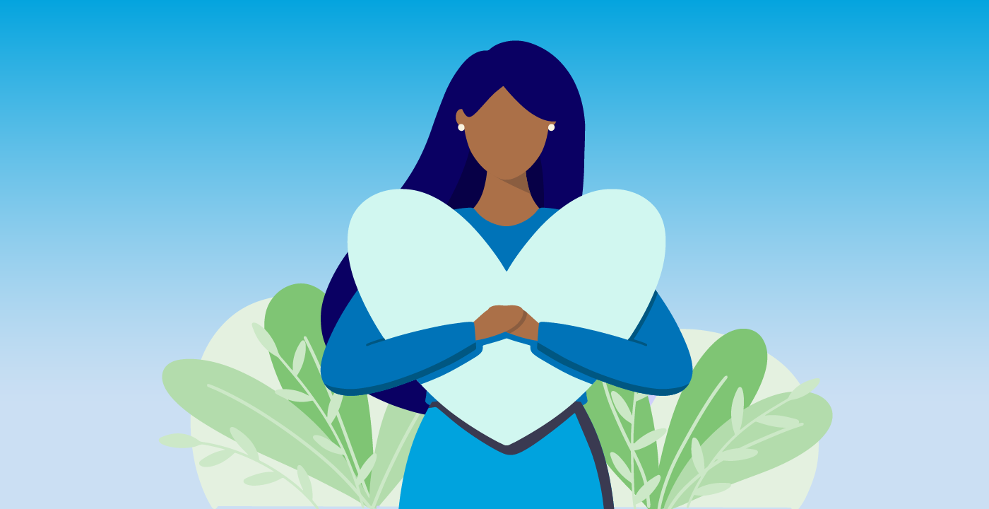 illustration of woman hugging blue heart