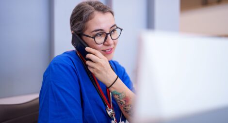 Clinician talking on a phone