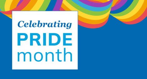 Graphic with rainbow banner that reads: Celebrating Pride Month