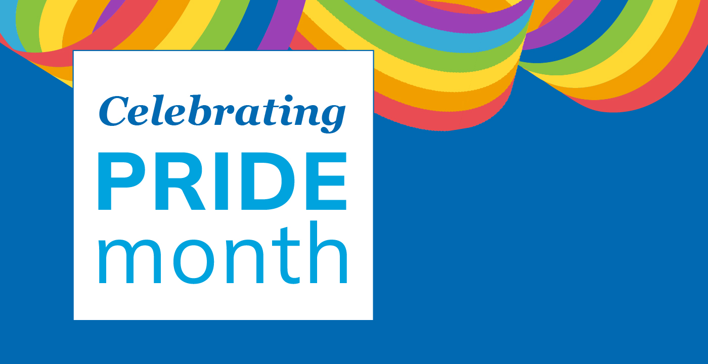Graphic with rainbow banner that reads: Celebrating Pride Month