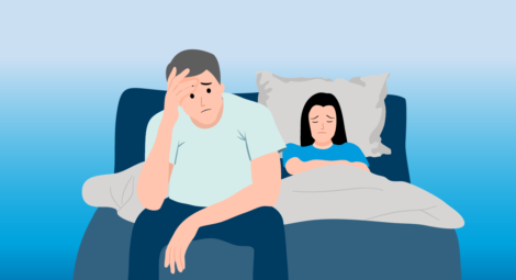 Illustration of man looking frustrated while sitting on edge of a bed