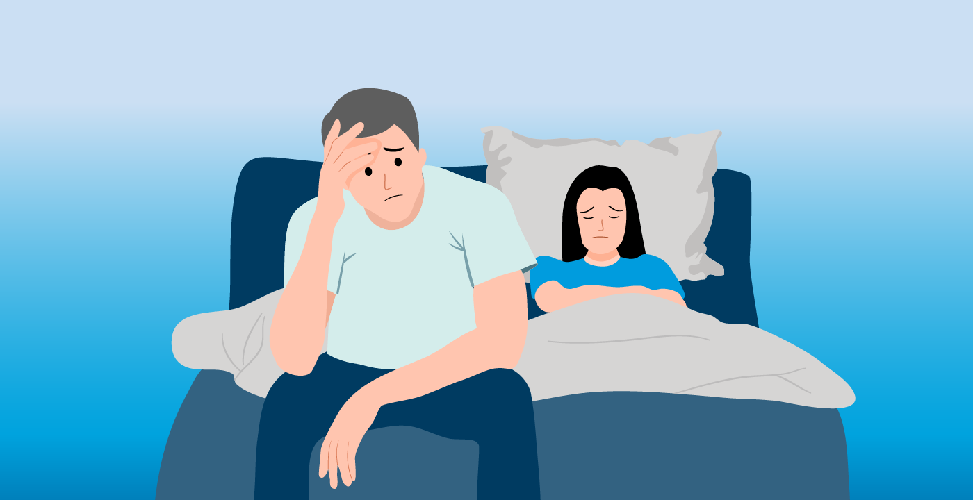 Illustration of man looking frustrated while sitting on edge of a bed