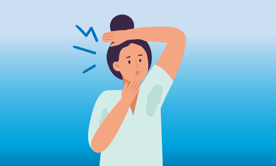 illustration of woman looking at her sweat-stained armpit