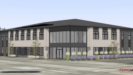 two-story rendering of the future therapy center building depicts a freestanding structure with floor-to-ceiling lobby windows lined by landscaping along one side.