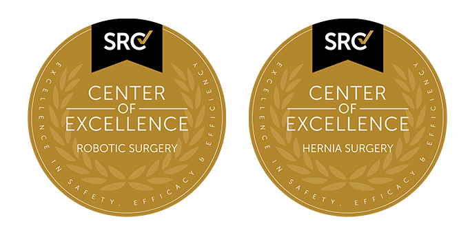 Center of excellence badges for Robotic surgery and Hernia surgery