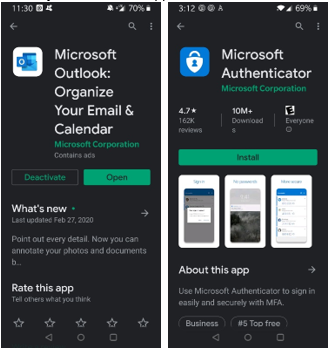 Side-by-side screenshots of the Google Play Store showing the installation pages for Microsoft Outlook and Authenticator.
