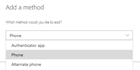 A "Which method would you like to add?" selection menu showing Phone, Authenticator app, and Alternate phone.