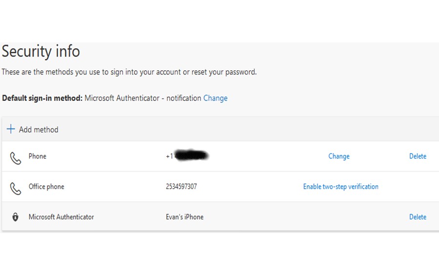 A browser view of the "Security info" page confirming three methods are set up, including "Evan's iPhone."
